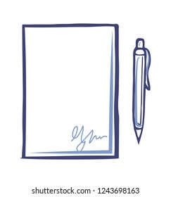 Empty sheet of paper with signature and fountain pen isolated. Office page with scribble in right corner. Line art sign of document, signed agreement vector