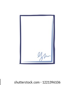 Empty sheet of paper with signature isolated. Office page with scribble in right corner. Line art sign of document, signed agreement or contract vector