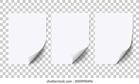 Empty Sheet of white paper with curled corner and shadow, paper mockups. Realistic A4 blank bent template isolated on white. Vector set