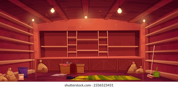 Empty shelf in home pantry storage cartoon illustration. Cellar storehouse interior to organise food, vegetables and box in basement room. Nobody in wooden underground storeroom with bottle spill