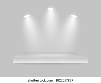 Empty shelf with light. Three light sources on the wall. 3D platform. Shelf for exhibit with spotlight. Stock vector illustration.