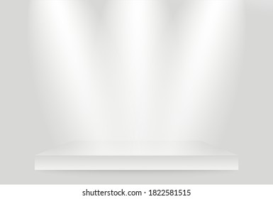 Empty shelf with light. Three light sources on the wall. 3D platform. Shelf for exhibit with spotlight. Stock vector illustration.
