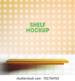 Empty shelf mock up. Wooden shelf on orange with white tiles and dots wall