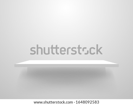 Empty shelf mockup on white wall. Clean illuminated bookshelf template. Home interior design. Realistic store shelf with shadow. 3d gallery object. Vector illustration.