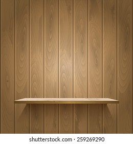 Empty shelf on the wooden wall,  illuminated with reflector light, vector illustration