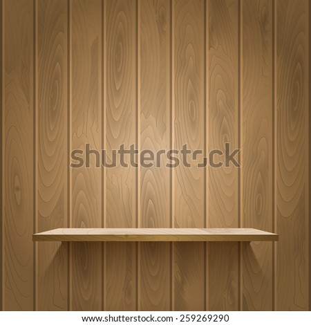 Empty shelf on the wooden wall,  illuminated with reflector light, vector illustration