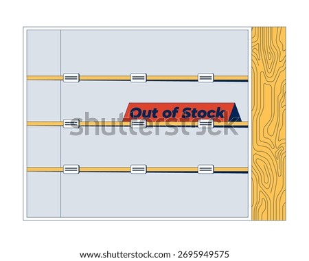 Empty shelf with out of stock red sign 2D cartoon object. Retail shelving with no products, shortage. Store inventory sold out isolated element flat vector clip art on white. Spot illustration