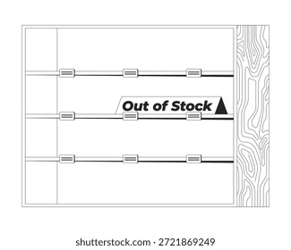 Empty shelf with out of stock sign 2D line object. Retail shelving with no products, shortage. Store inventory sold out isolated clipart vector ink outline item. Monochrome spot illustration