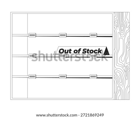 Empty shelf with out of stock sign 2D line object. Retail shelving with no products, shortage. Store inventory sold out isolated clipart vector ink outline item. Monochrome spot illustration