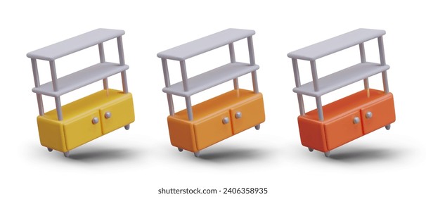 Empty shelf rack with closed compartment below. Bookcase of combined type. Set of vector models of different colors in tilted position. Models for demonstrating objects. Quick access