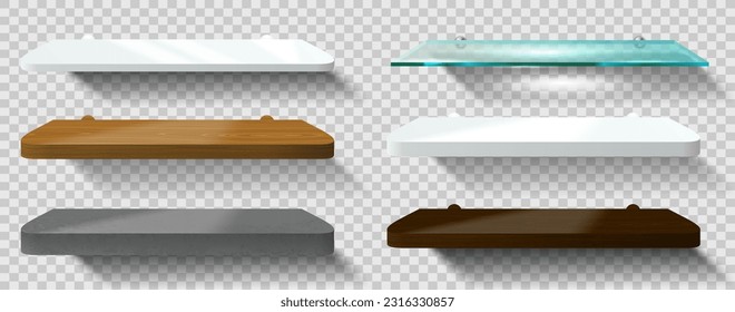 Empty shelf set isolated on transparent background. Vector mockup collection. 3D bathroom or kitchen podium or product shelf. Stage showcase scene. Glass, white acrylic, wooden, concrete material