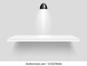 empty shelf with spotlight and shadow isolated on  gray wall 