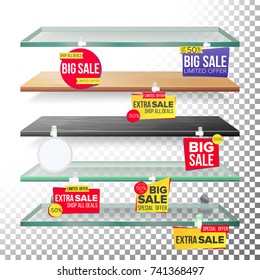 Empty Shelves, Advertising Wobblers Vector. Retail Concept. Discount Sticker. Sale Banners. Isolated Illustration
