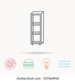 Empty shelves icon. Shelving sign. Global connect network, ocean wave and burger icons. Lightbulb lamp symbol.