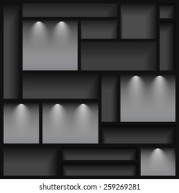 Empty shelves  illuminated with reflector light, gray colored, vector illustration, 10eps