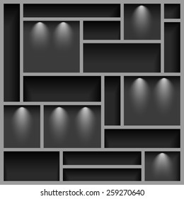 Empty shelves  illuminated with reflector light, gray colored, vector illustration, 10eps