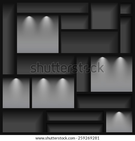 Empty shelves  illuminated with reflector light, gray colored, vector illustration, 10eps