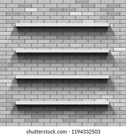 Empty shelves on a brick wall. Template background. Stock vector illustration.