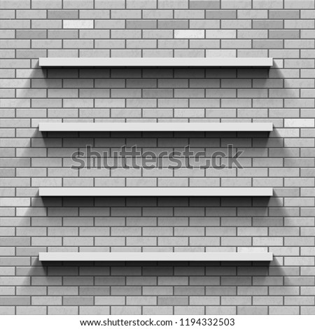 Empty shelves on a brick wall. Template background. Stock vector illustration.
