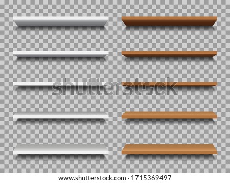 Empty shelves on wall in store. 3d blank table, stand in supermarket for exhibition. Wooden bookcase and showcase for retail. Mockup of bookshelf in front. Decoration, elegant panel. Vector.