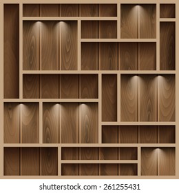 Empty shelves on the wooden wall,  illuminated with reflector light, vector illustration