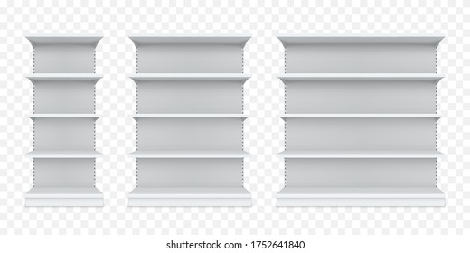 Empty shelves for shop, store, supermarket realistic mock ups set. Racks wide and narrow for storage. Retail equipment for goods, products. Front view. Vector store shelves isolated on transparent.