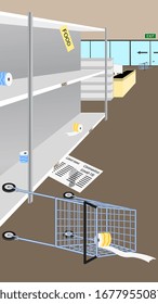 Empty shelves in the store due to the panic of Coronavirus. The store ran out of food and essentials. People bought up all the toilet paper and food. Vector EPS 10. Vertical.