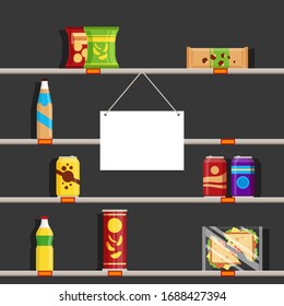 Empty shelves in supermarket during the Coronavirus pandemic of 2020. Store sign with place for text, vector illustration