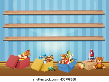 Empty shelves and toys on the floor illustration