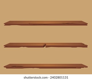 Estantes vacíos. Estantes arañados antiguos interiores de madera
