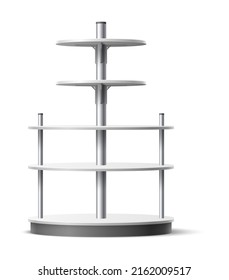 Empty shelving stand. Realistic shopping round shelves. Supermarket and stores furniture. Front view multi level racking. Shop merchandise presentation. Vector product