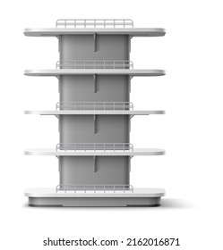 Empty shelving stand. Realistic shopping shelves. Supermarket furniture. Multi level racking front view. White store rack for merchandise exhibition. Vector clean shop