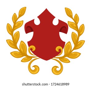 Escudo vacío rodeado de follaje, hojas de laurel. Banner aislado en blanco, escudo de armas o diseño de logotipo noble. Emblema o etiqueta para productos de calidad rica, decoración vintage de heraldry, vector en llano