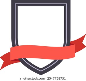 Empty shield with red ribbon banner wrapped around it, creating a template for awards, logos, or emblems, representing achievement, honor, and recognition
