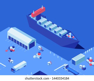 Empty shipping dock isometric vector illustration. Warehouse storage, industrial ship and freight trucks at harbor. Merchandise transportation business, maritime delivery service, cargo distribution
