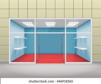 Empty shop front boutique window open door 3d template vector illustration