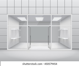 Empty Shop Front Boutique Window Open Door 3d Template Vector Illustration