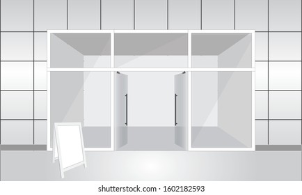 empty shop front store realistic windows, space closed doors template mock up background vector illustration