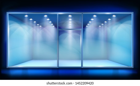 Empty shop interior. Blue background. Place for the exhibition. Vector illustration.