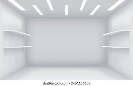 Empty shop premise with shelves on walls realistic 3d illustration. Boutique enclosure design. Modern show room interior vector background