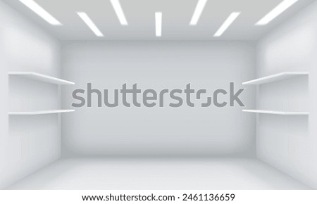 Empty shop premise with shelves on walls realistic 3d illustration. Boutique enclosure design. Modern show room interior vector background