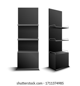 Empty Shop shelves black color illustration. shelf for wrap advertising on a white background, accessory display stand, retail display stand with hook for product 