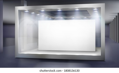 Empty shop window in a shopping mall. Place for the exhibition or product display. Vector illustration.