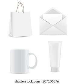 Empty Shopping Bag, Envelope, Cream Tube and Cup for Advertising and Branding Vector Illustration