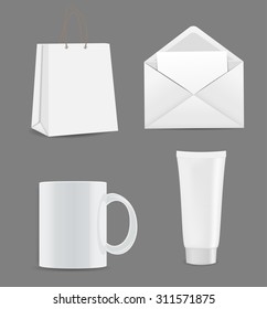 Empty Shopping Bag, Envelope, Cream Tube and Cup for Advertising and Branding Vector Illustration
