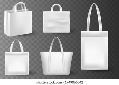 Bolsa de compra vacía aislada en fondo blanco, ilustración vectorial.  Textura de papel y mangos de seda. Bolsas de colores y tamaños diferentes