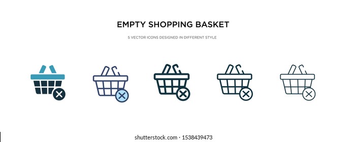 empty shopping basket icon in different style vector illustration. two colored and black empty shopping basket vector icons designed in filled, outline, line and stroke style can be used for web,