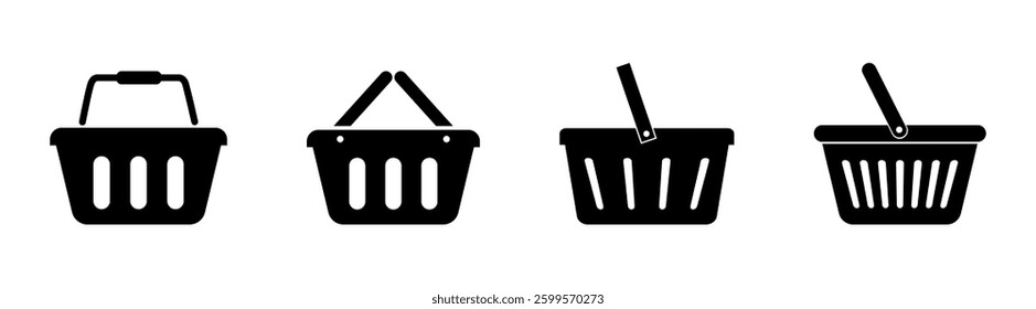 Empty shopping basket icons set. Buy sign. Internet shop or store. Plastic shop basket with hand 