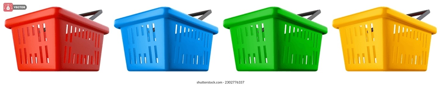 Cesta de compras vacía. Carrito de compras 3d realista en diferentes colores, rojo, azul, verde, amarillo, aislado en fondo blanco. Ilustración del vector