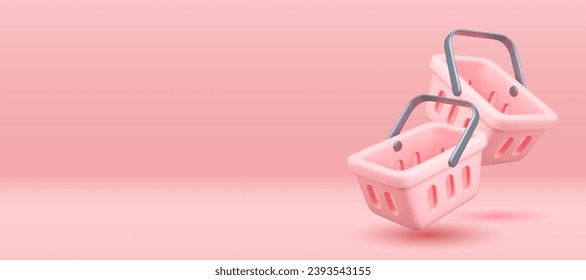 Empty shopping baskets on pink background. 3d vector illustration.	